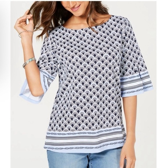 Charter Club Mixed Print Blue and White Flounce Sleeve Top Size Large - Picture 12 of 12